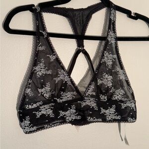 Free People Black Bralette with White Floral Embroidery